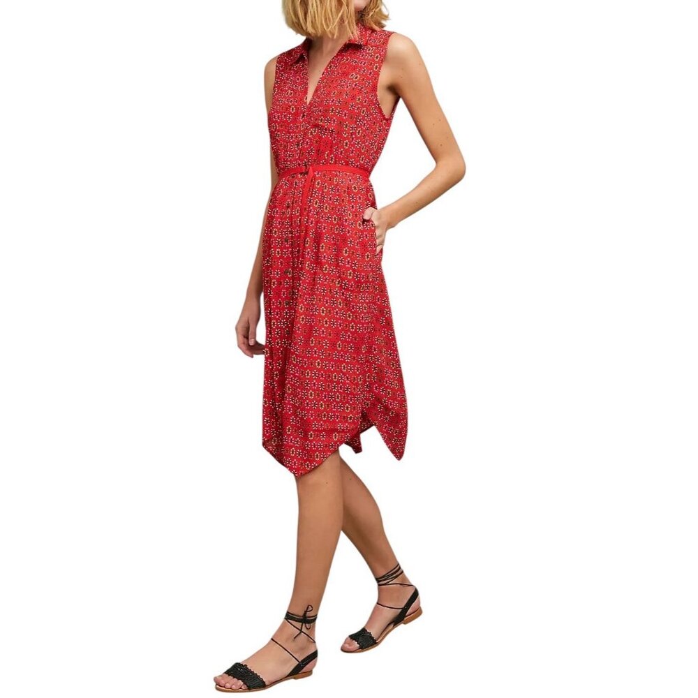 Maeve Anthropologie Red Daisy Midi Shirtdress Size 8 Belted Buttons Christmas